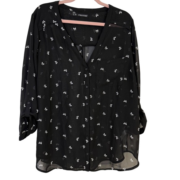 Maurice's Blouse Top Bow Print Sheer Button Down Long Sleeve Black plus size 2 - Picture 1 of 7